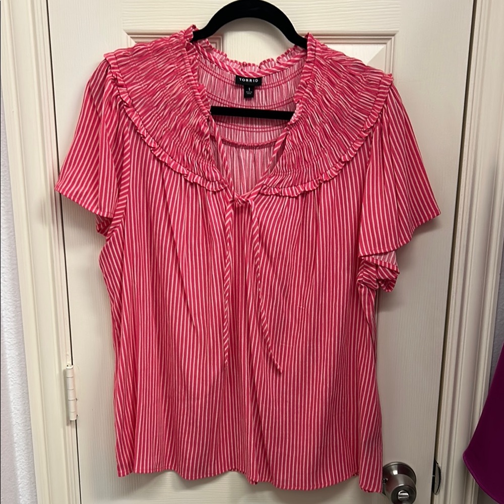 Torrid Red Striped Blouse with Ruffled Collar
